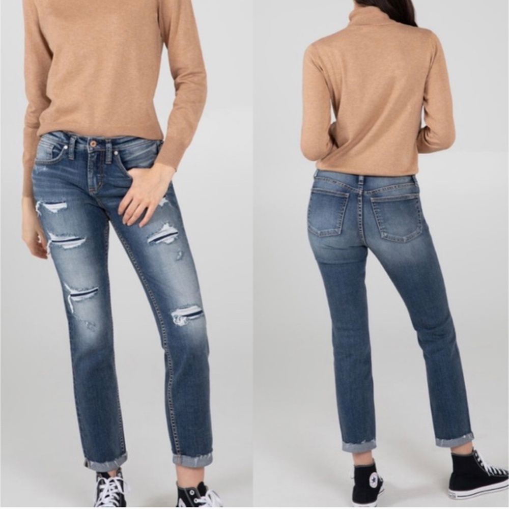 NWT Silver Jeans Co. Beau Girlfriend W24 L28.5 Eco Distressed Slim Leg raw hem 0